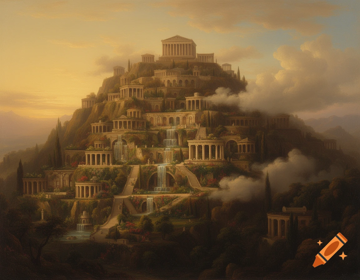 A majestic tiered ancient city with classical architecture, waterfalls, and gardens on a mountain, rendered as a classical landscape painting.