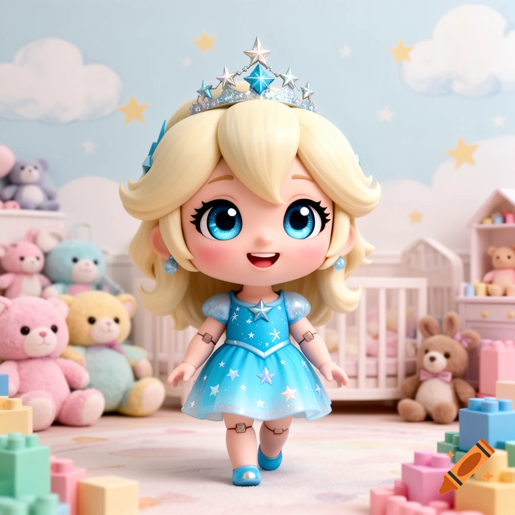 A cute chibi doll with blonde hair and a blue star dress, wearing a crown, walks in a bright playroom with toys.