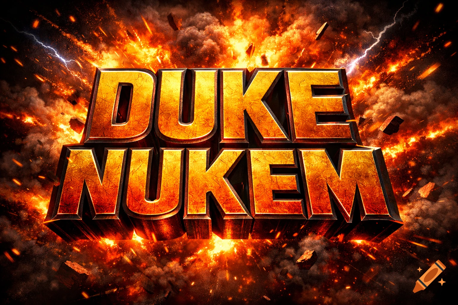 A golden 3D 'DUKE NUKEM' logo bursting through a fiery explosion with lightning flashes.