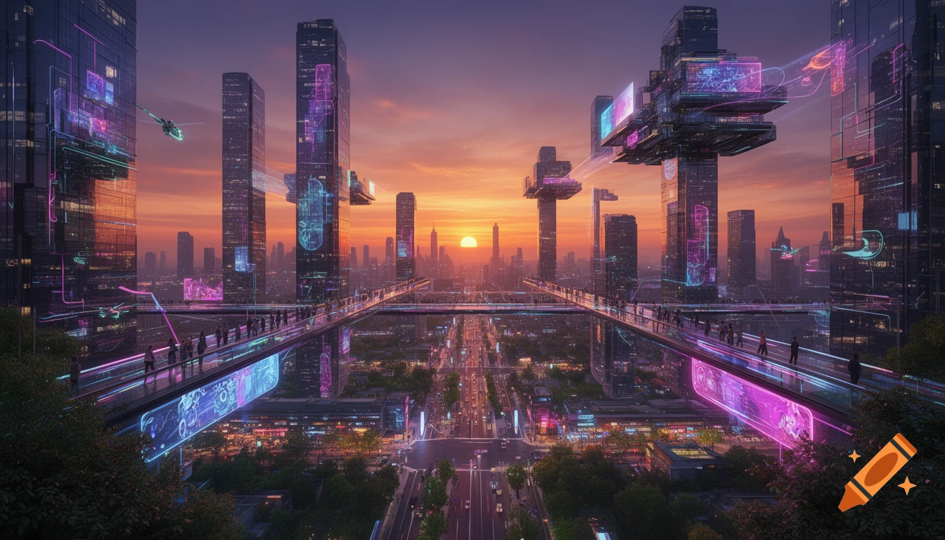 A vibrant futuristic cityscape at sunset, featuring tall skyscrapers ...