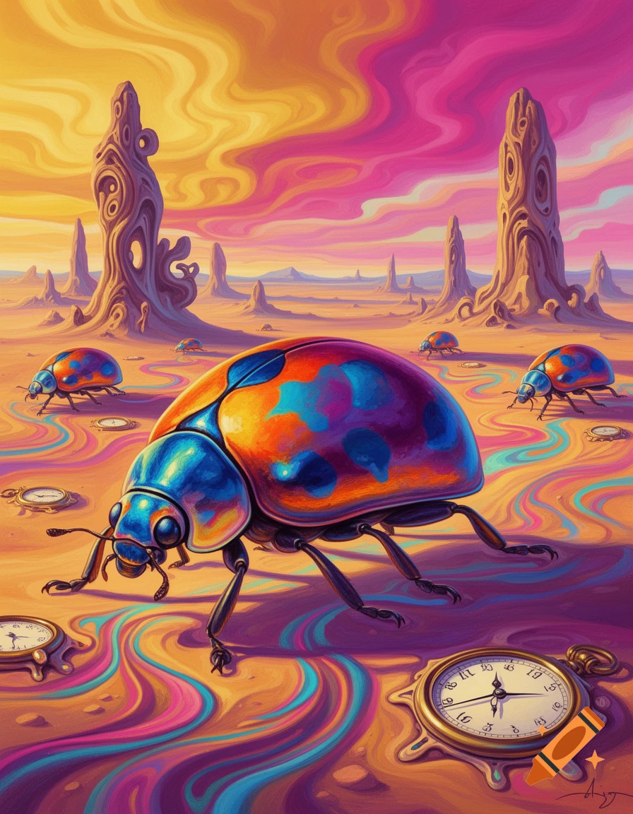 A surreal desert landscape with giant, iridescent ladybugs, melting clocks, and twisted rock formations under a vibrant, swirling sky.