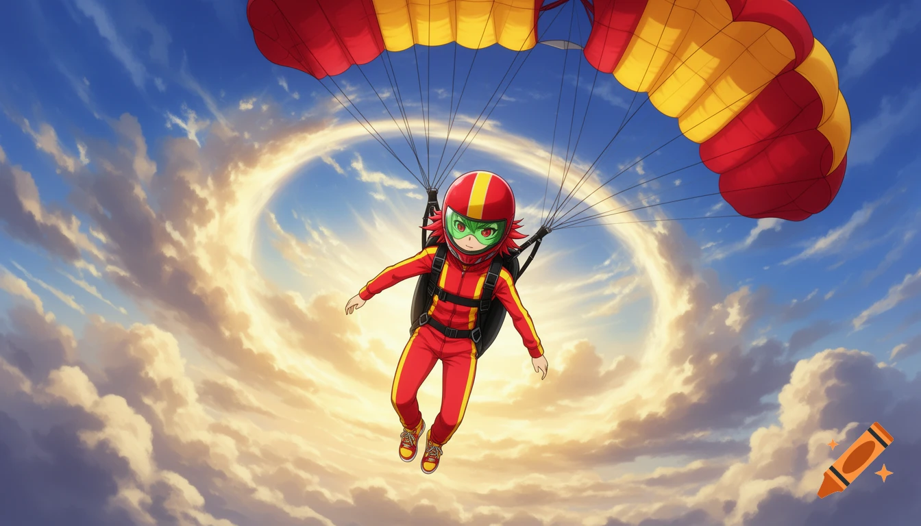 An anime stuntwoman in a red and yellow tracksuit and helmet parachutes with a matching canopy against a cloudy blue sky.