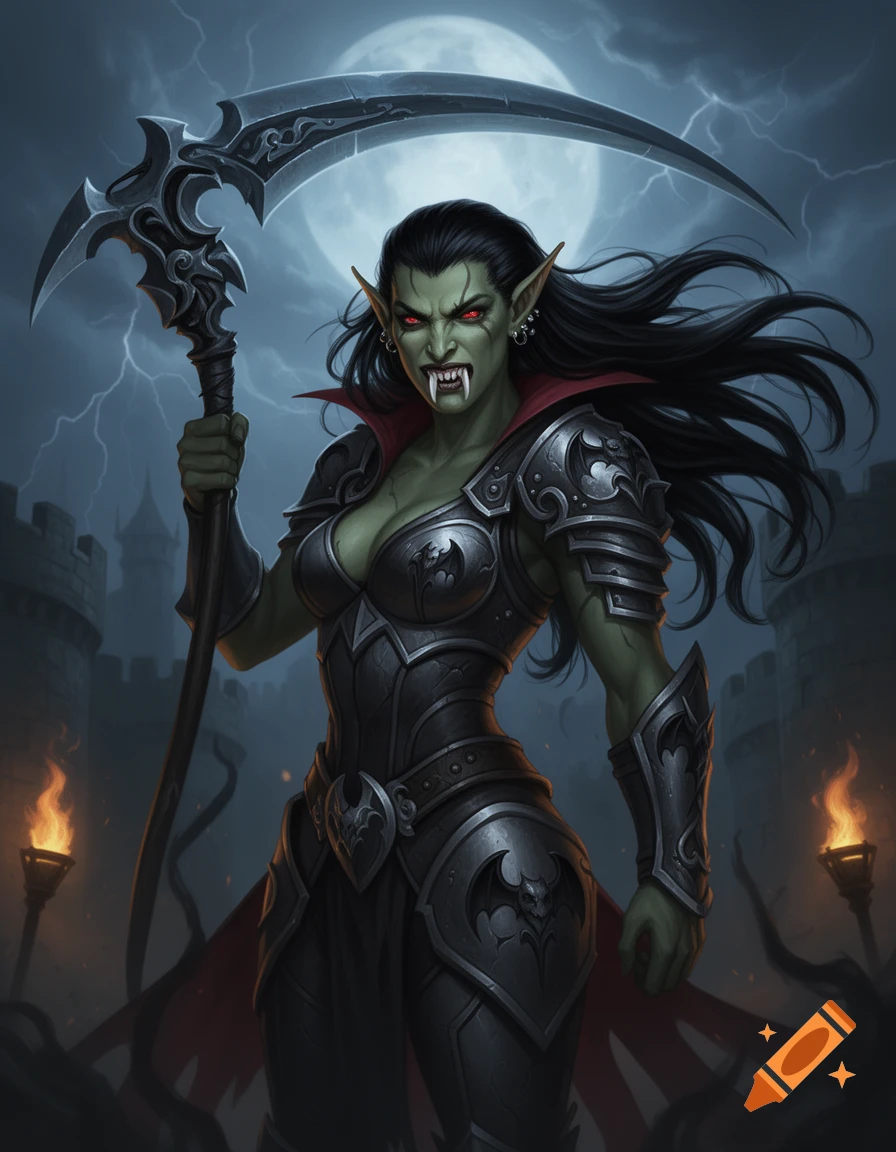 A muscular green-skinned half-orc vampire woman with red eyes and fangs, wearing dark armor, wields a large scythe under a stormy full moon near a castle.