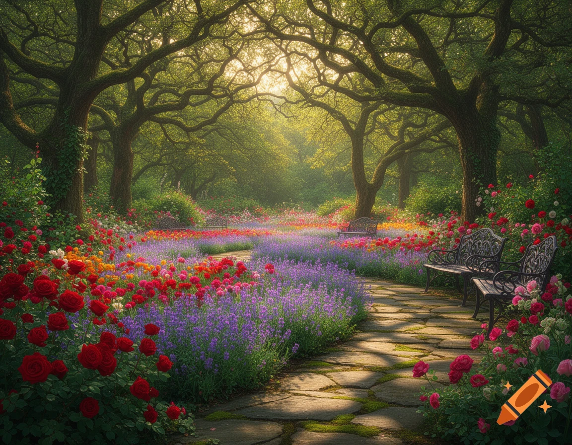 A serene garden path winding through lush trees, vibrant red roses ...