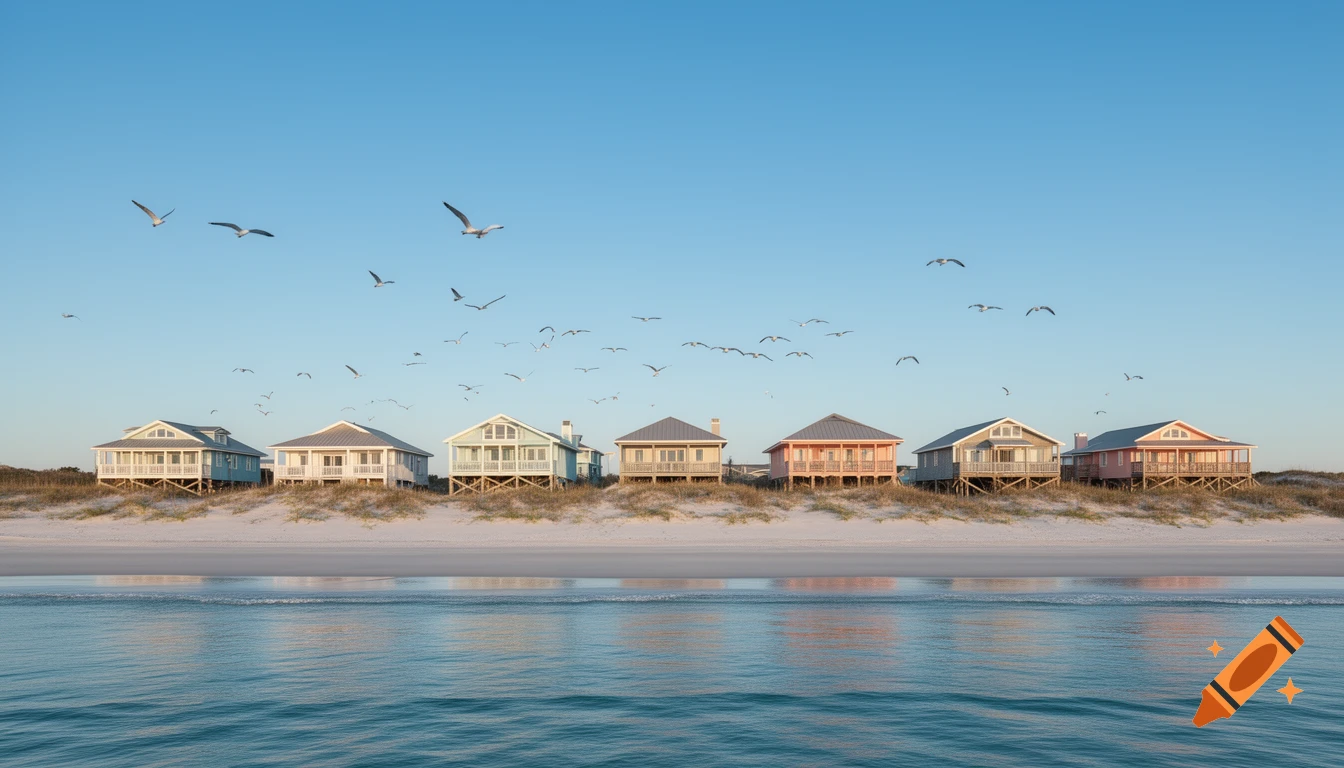 A row of colorful beach houses on stilts along a sandy dune, with the ocean in the foreground and numerous birds flying in a clear blue sky.