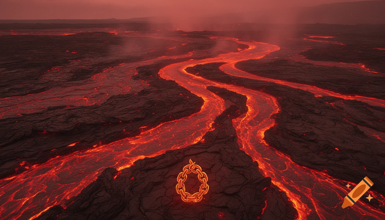Aerial view of a fiery volcanic landscape with glowing magma rivers and a molten chain emblem on cracked earth under a red sky.