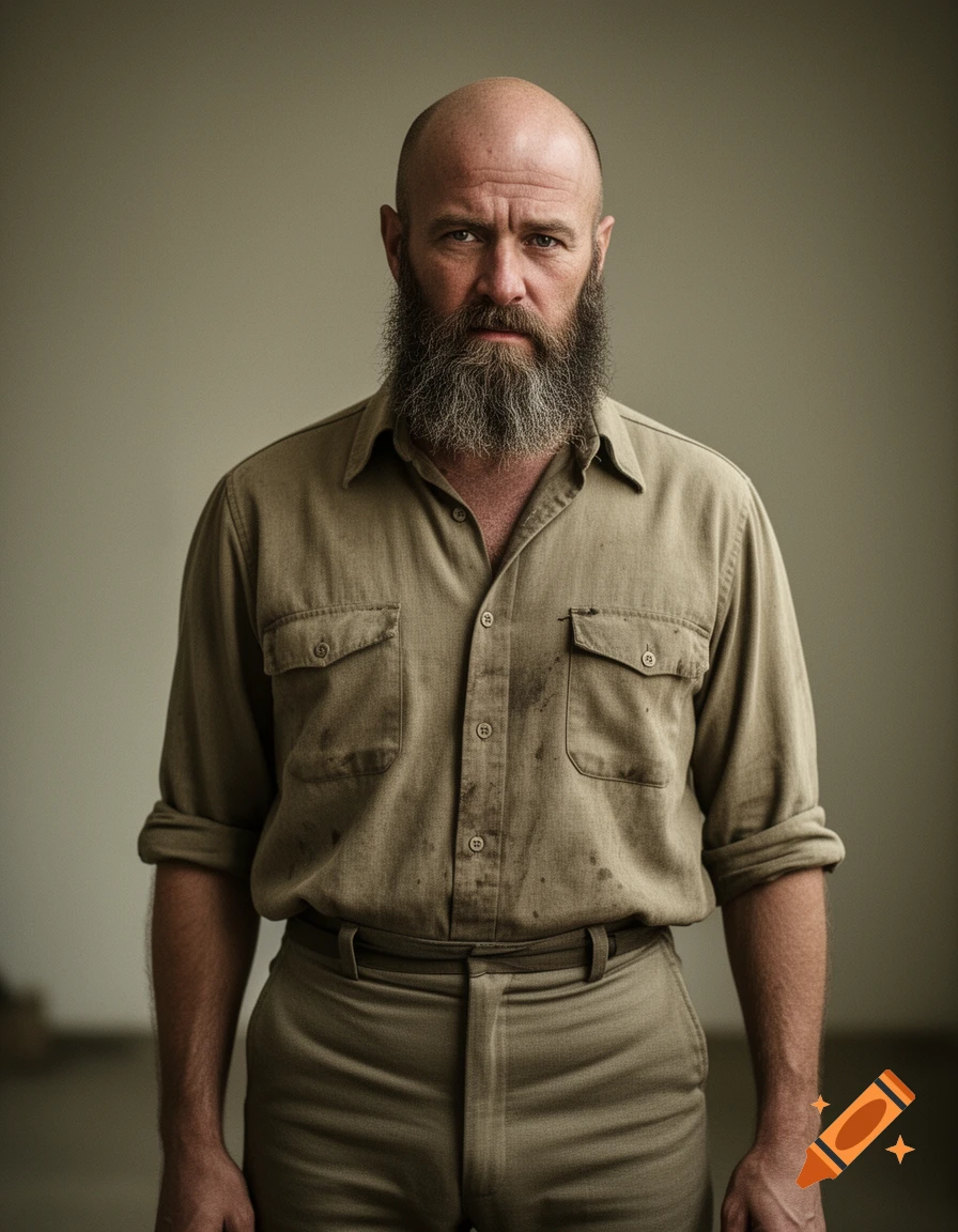 A serious bald man with a full beard wears a khaki work shirt and pants, looking directly at the viewer.