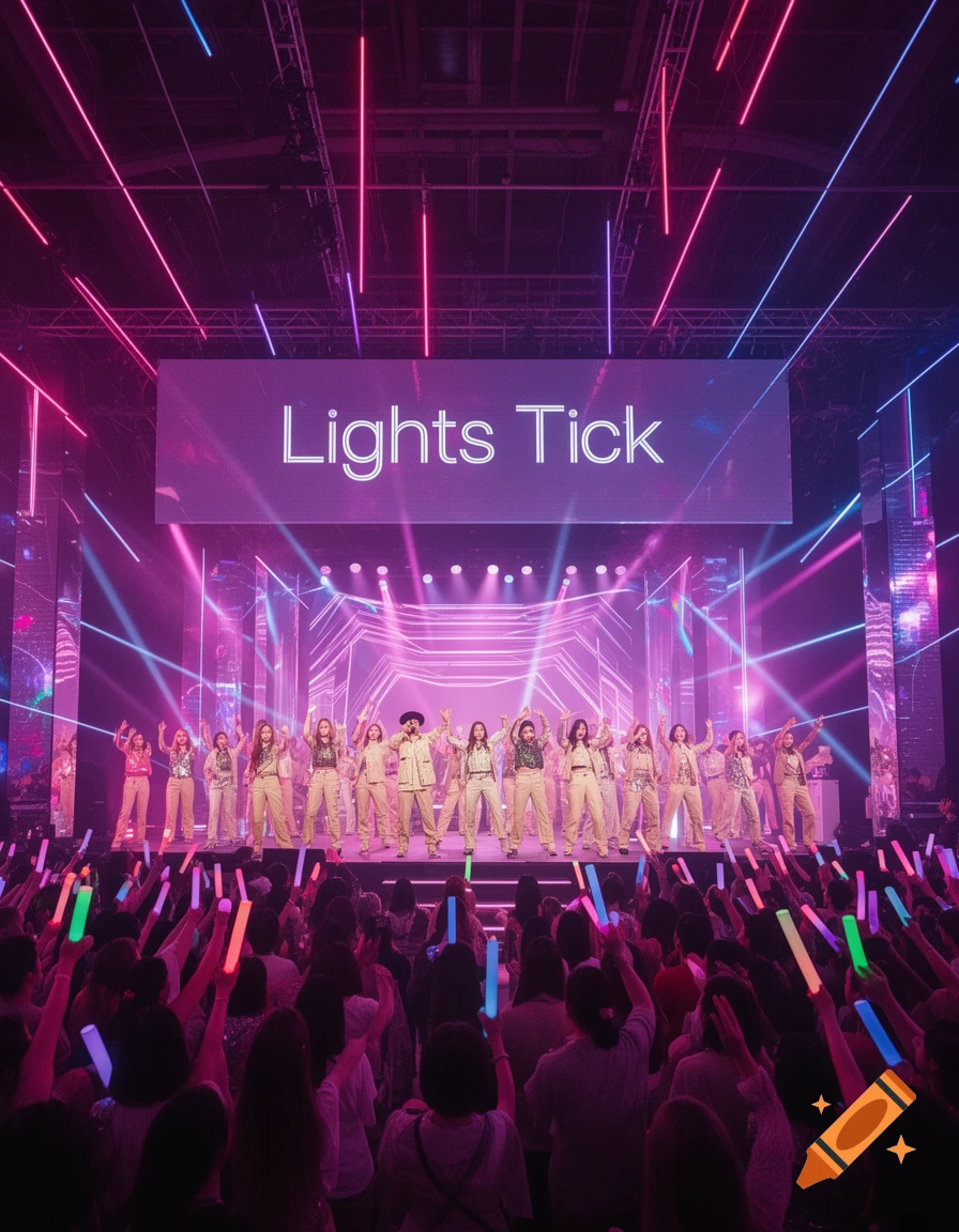 K-pop concert with performers on a stage under neon lights and a screen saying 'Lights Tick', a crowd waves glow sticks.