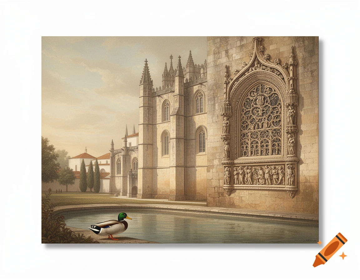 A semi-realistic fine art illustration of the ornate Convento de Cristo in Tomar, Portugal, with a mallard duck by a still pond.