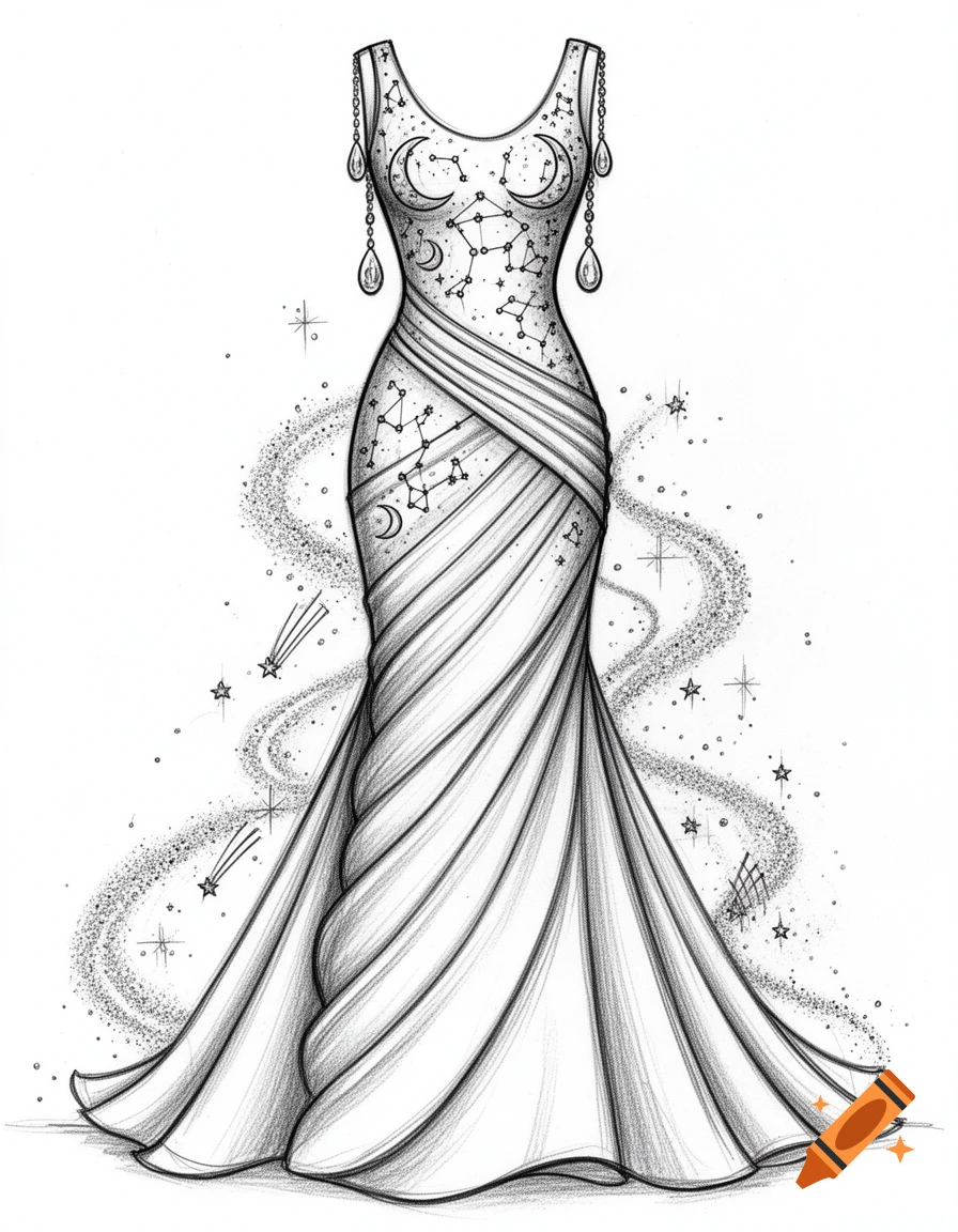 Black and white pencil sketch of a trumpet silhouette wedding dress, adorned with constellations, crescent moons, and stars, featuring dangling teardrop crystals and a pleated skirt.