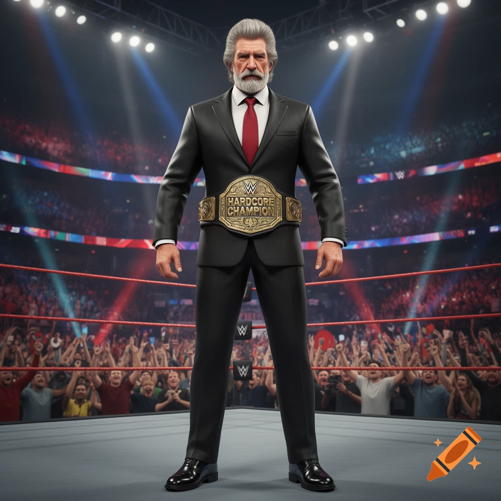 Photorealistic 3D render of Sam Elliott as a WWE Hardcore Champion in a suit in a wrestling ring.