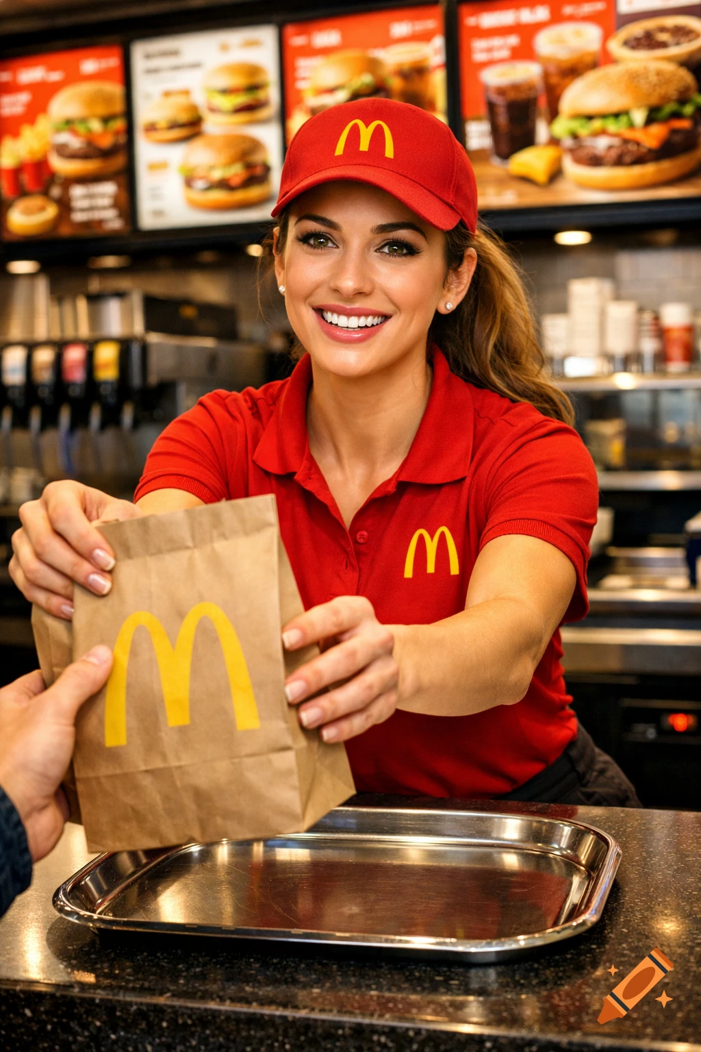 A smiling woman in a red McDonald's style uniform hands a customer a paper bag with the golden arches logo in a realistic restaurant setting.