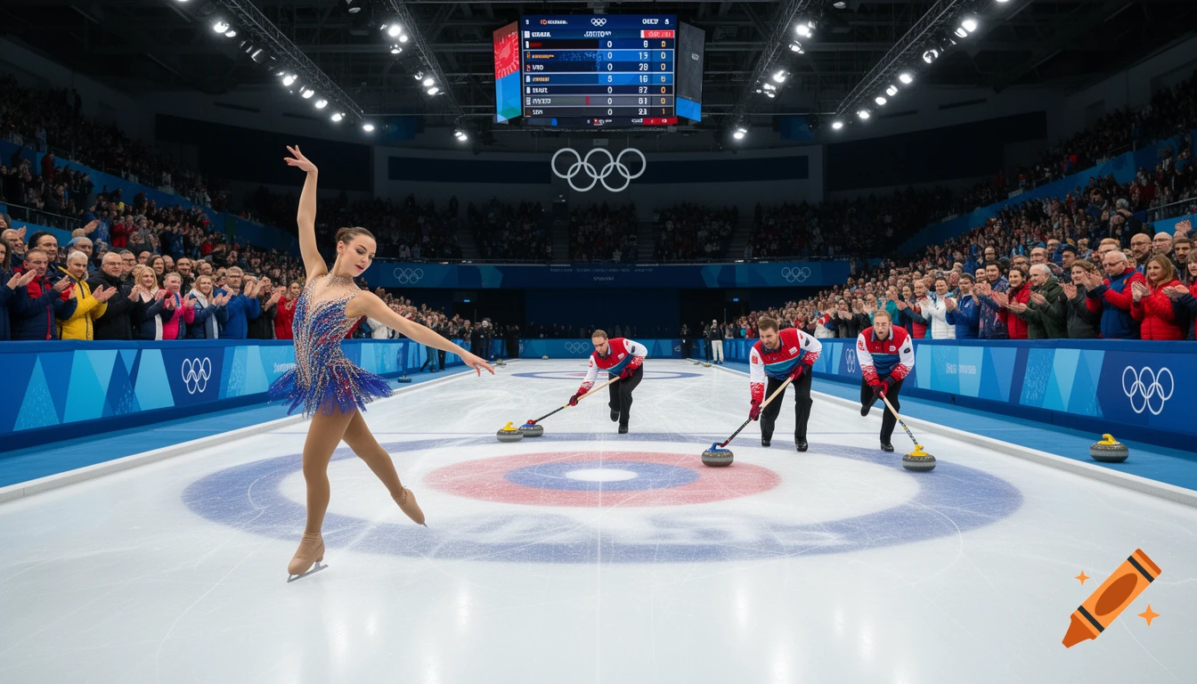 A figure skater on ice striking a pose, while two curlers push stones behind her, all in a bustling Olympic arena.