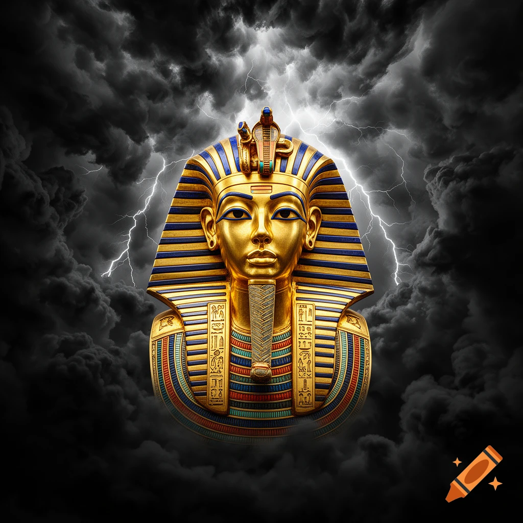Golden bust of King Tutankhamun with blue and gold stripes, set against a dramatic backdrop of dark, stormy clouds and lightning.