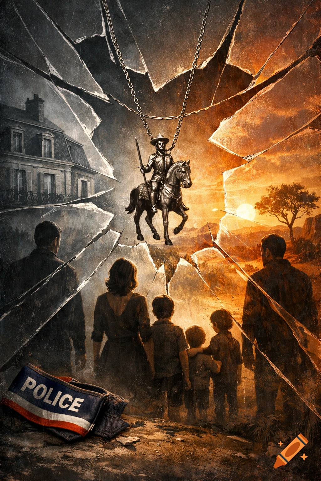 Fractured illustration of a knight pendant over a family, house, and sunset landscape, with a police armband on the ground.