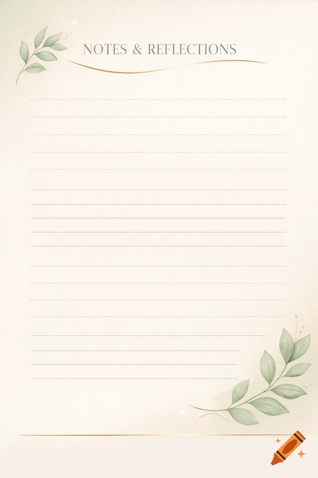 A clean, minimalist notes and reflections page template with green leaves, gold accents, and lined and dotted sections on a beige background.