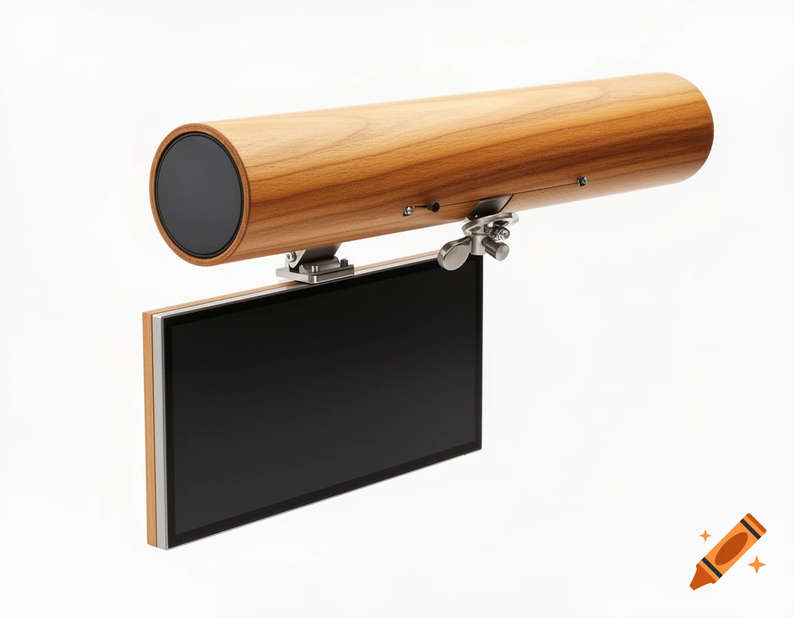 Rectangular screen mounted with adjustable metal fittings below a horizontal wooden tube on a white background, photorealistic style.
