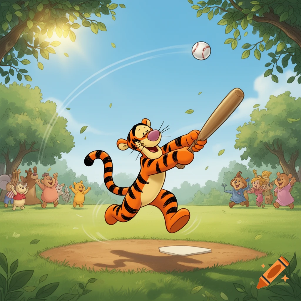 Tigger from Winnie the Pooh joyfully hits a baseball with a bat in a sunny park, as other cartoon characters watch in the background.