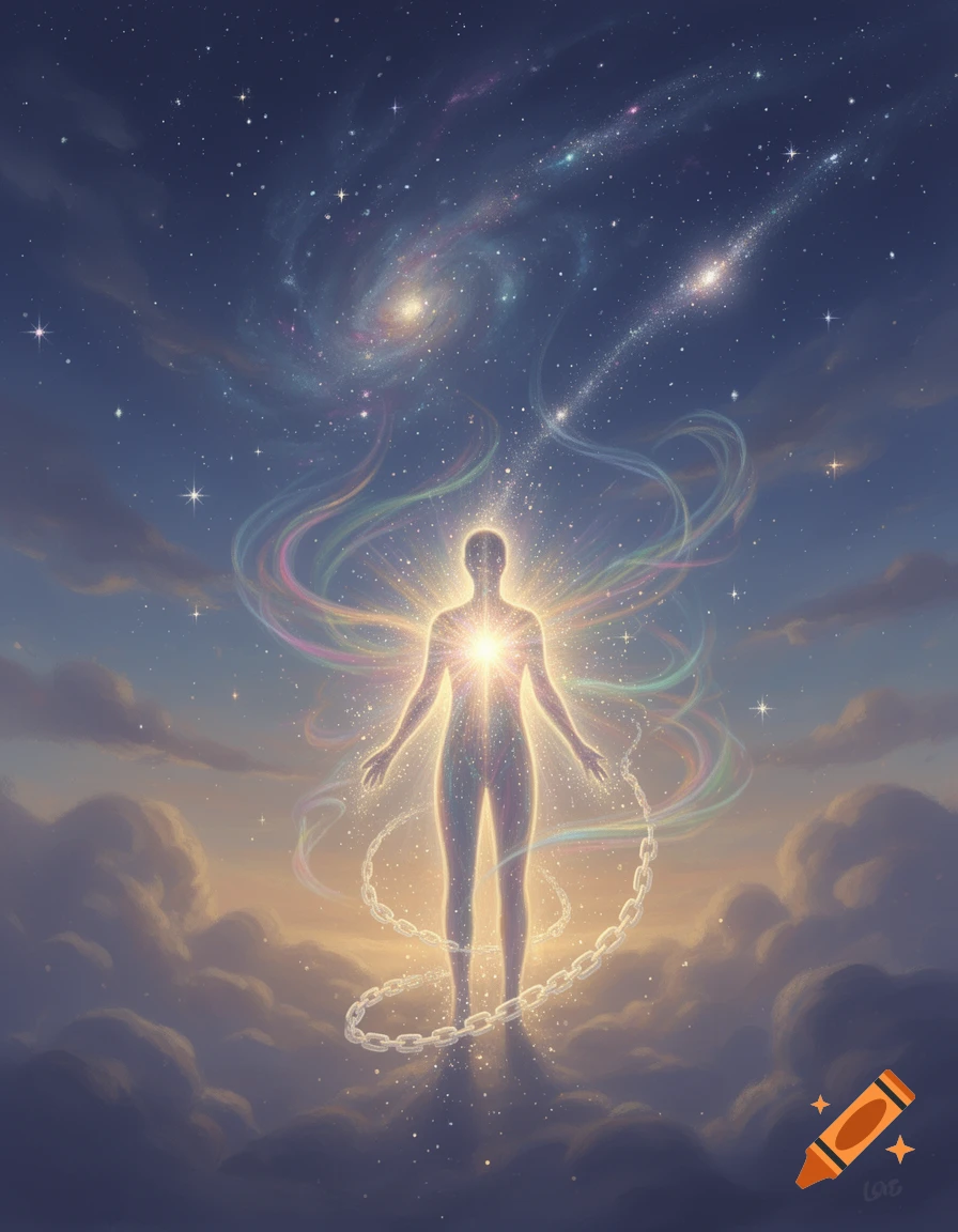 Ethereal figure glowing with energy and colorful trails, breaking chains amidst clouds under a starry, galactic sky.
