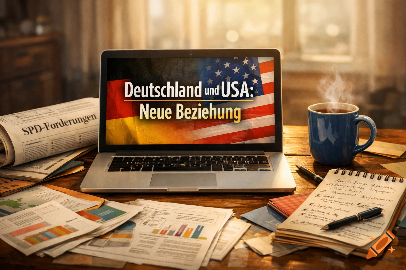 Photorealistic desk with a laptop showing German and USA flags with text "Neue Beziehung", a newspaper "SPD-Forderungen", coffee, and notes.