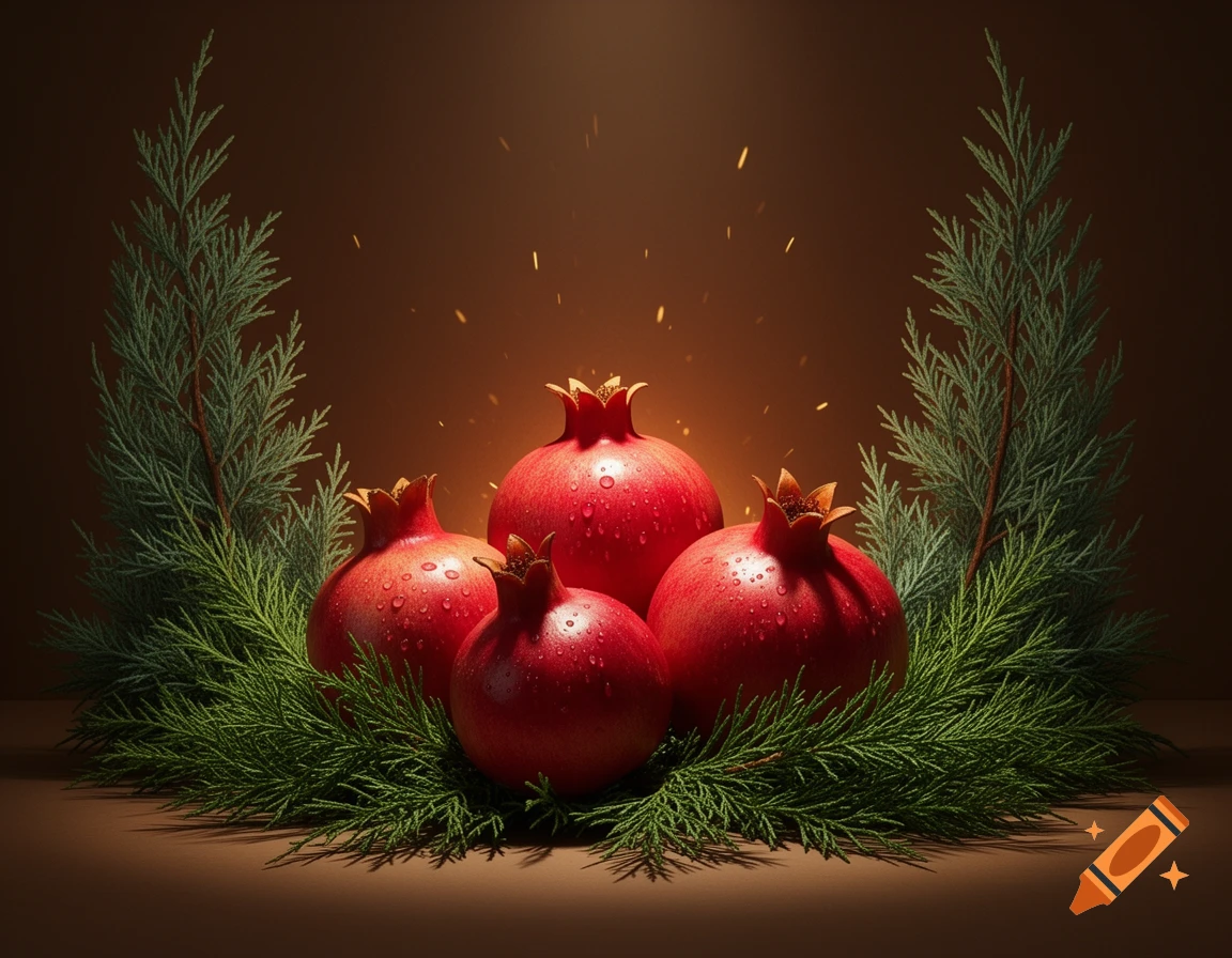 Four vibrant red pomegranates, dotted with water, nestled among green fir needles under warm accent lighting.