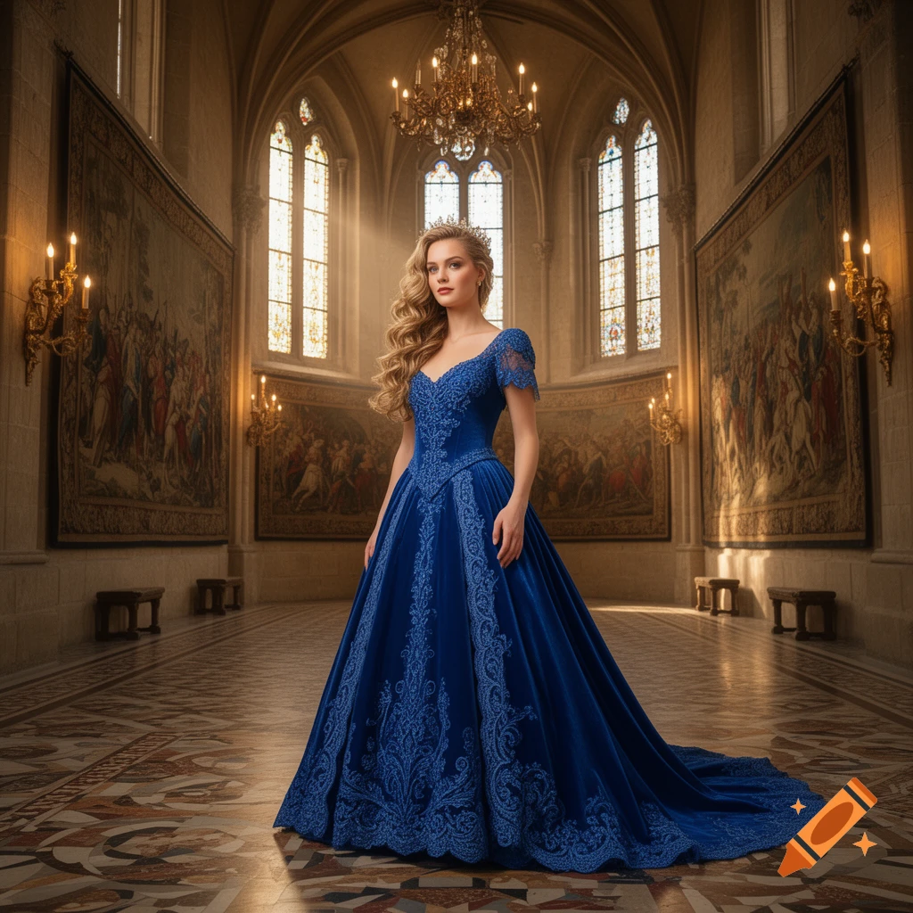 A princess in a shimmering royal blue ball gown stands gracefully in a grand hall with arched windows, ornate tapestries, and chandeliers.