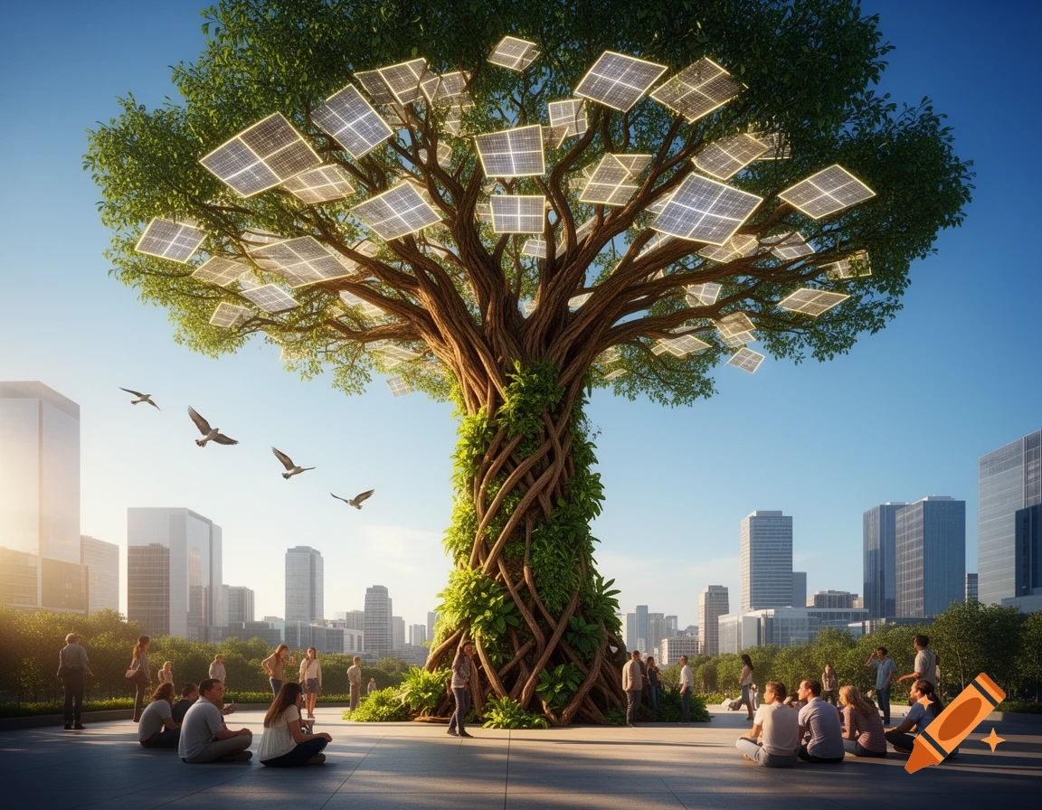 A large, futuristic tree with solar panel leaves and a vine-covered trunk stands in a green city, surrounded by people and flying birds.