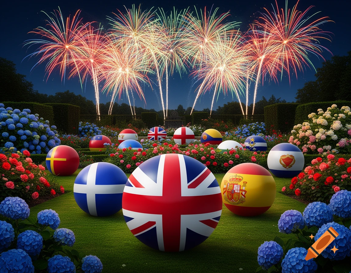Numerous flag-decorated spheres are arranged in a lush garden under a night sky illuminated by colorful fireworks.
