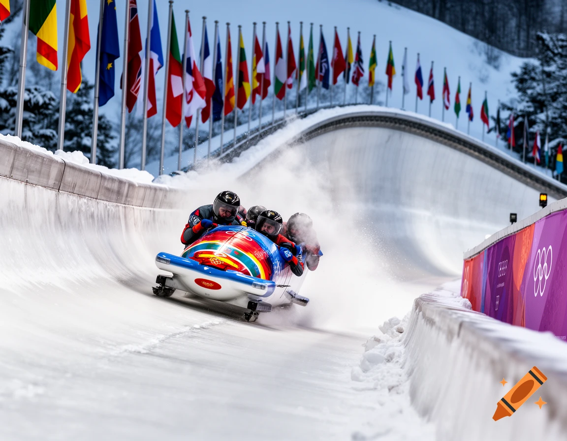 A bobsled team speeds down an icy track, passing international flags under a snowy mountain sky in a photorealistic style.