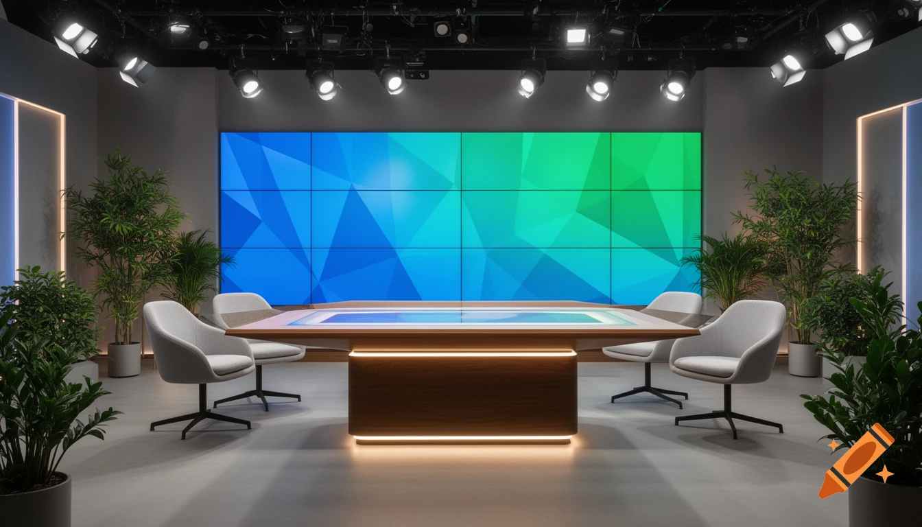 Modern television studio set with a large blue and green geometric screen, a light-up wooden table, four chairs, and potted plants.