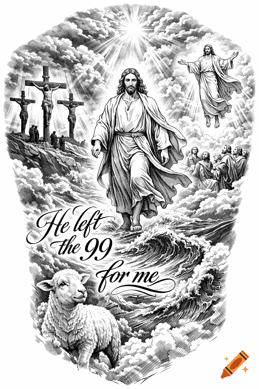 Intricate black and white tattoo art depicting Jesus walking on water, with crucifixion and ascension scenes, a lamb, and the text 'He left the 99 for me'.