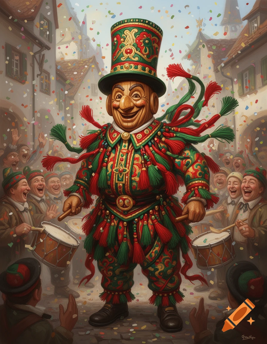 A festive illustration of a wooden-faced Schantle carnival figure in an ornate red and green costume, surrounded by cheering drummers and confetti.