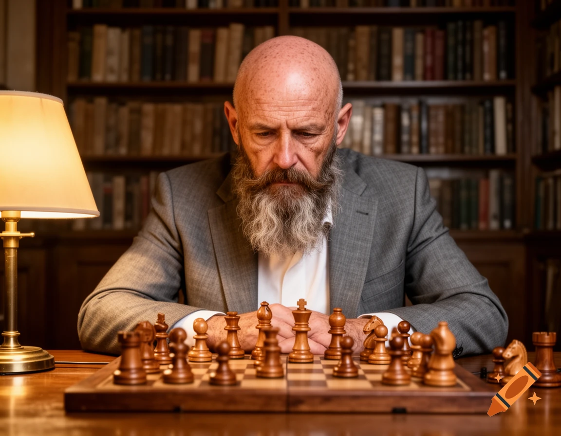 A photorealistic portrait of a bald, bearded man in a suit focused on a chessboard in a library.