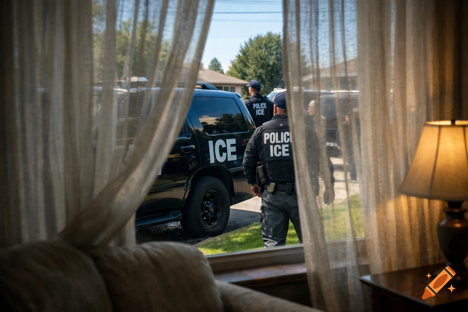 View through a window with curtains shows ICE officers and a black SUV with "ICE" written on it outside a house.