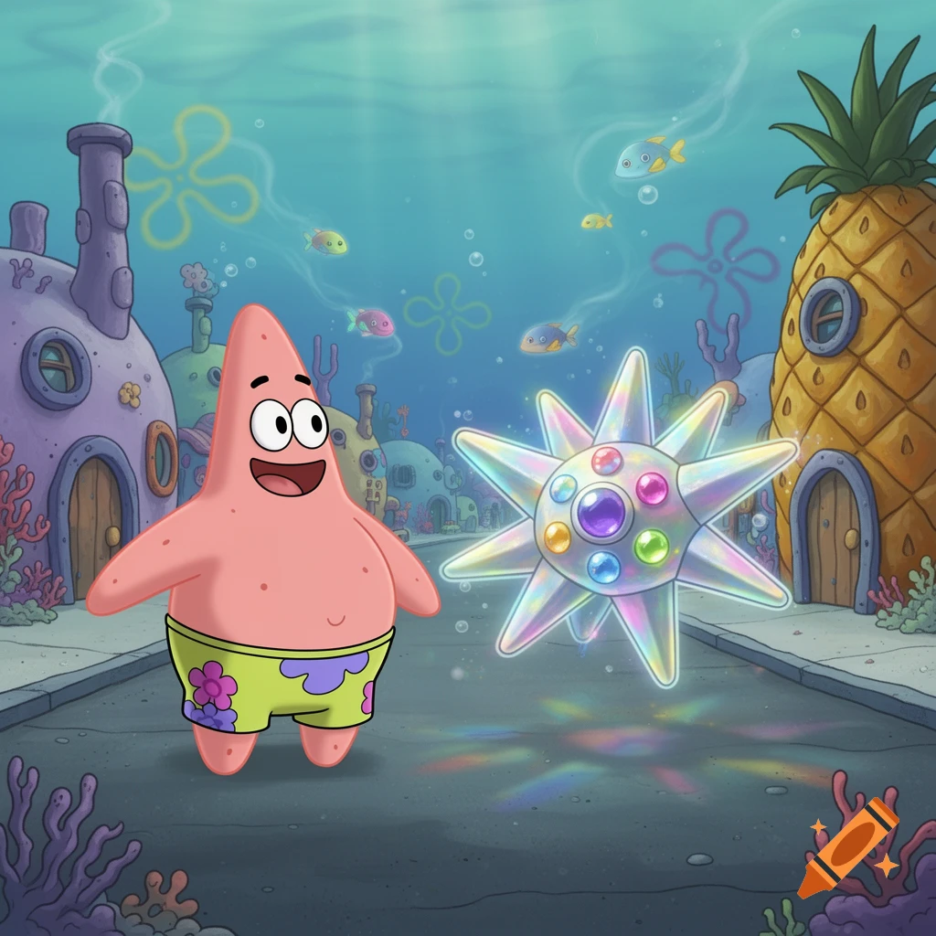 Patrick Star meets a glowing Starmie in a colorful underwater cartoon scene of Bikini Bottom, featuring pineapple and shell houses.