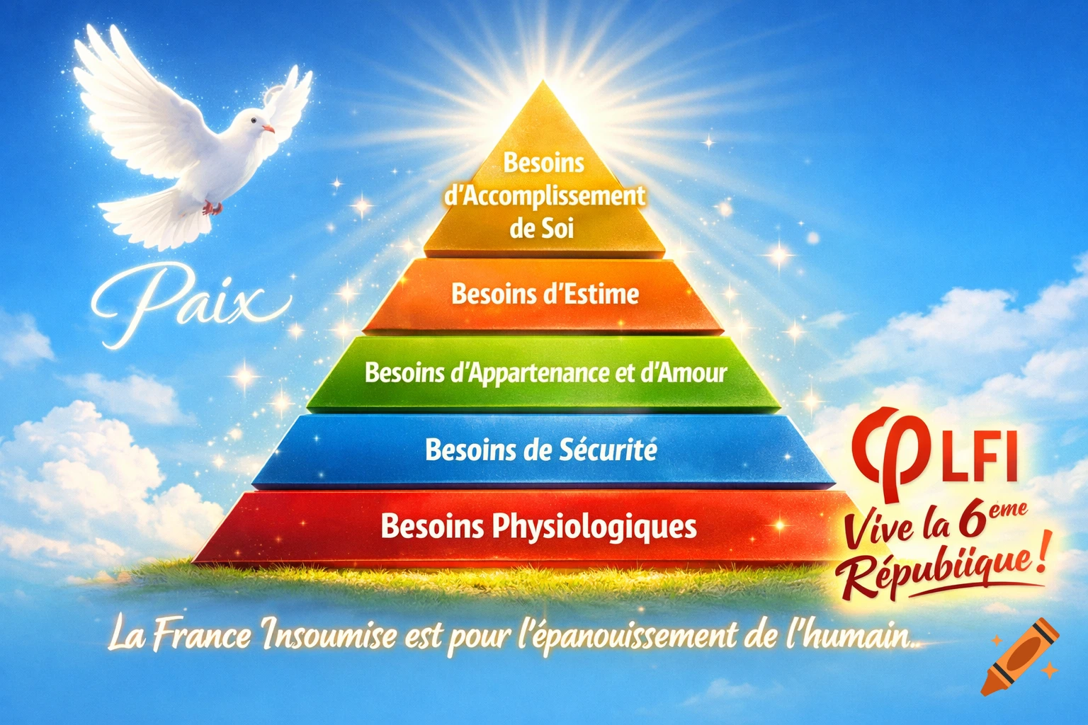 Bright, symbolic image with a white dove and 'Paix' over a Maslow's pyramid, featuring French political slogans and a sunny blue sky.