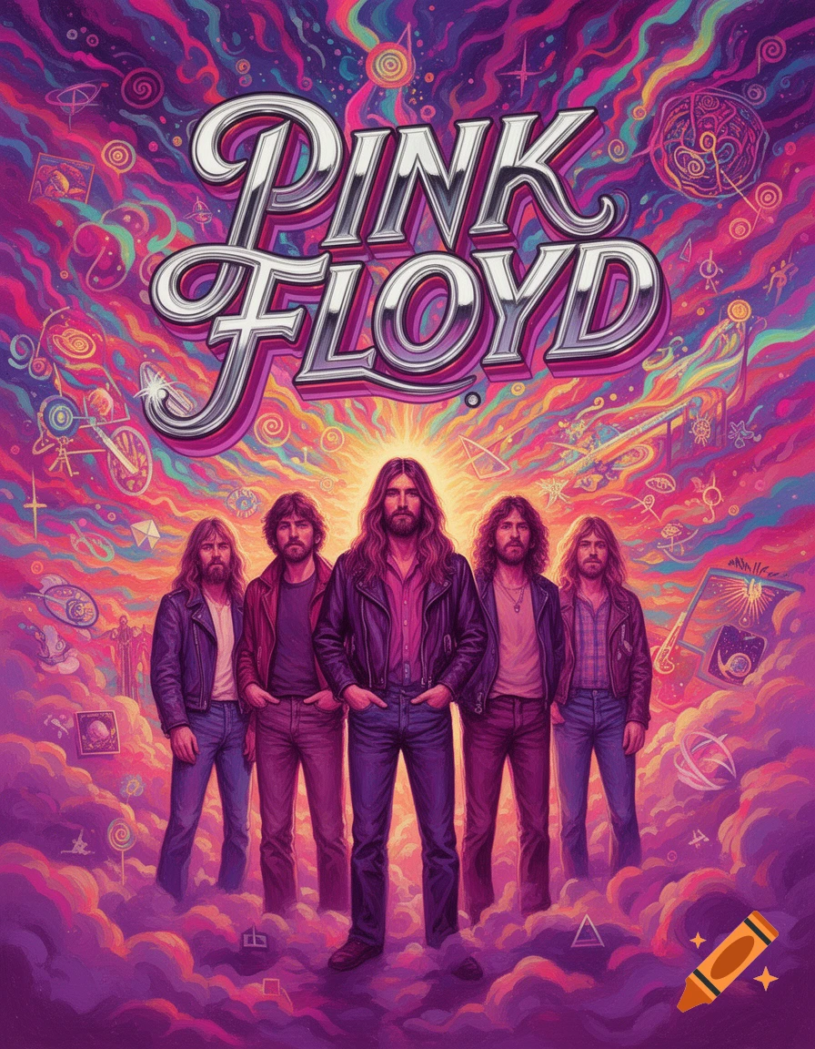 A psychedelic poster of the band Pink Floyd with the band members standing on clouds and their name in a stylized font above.