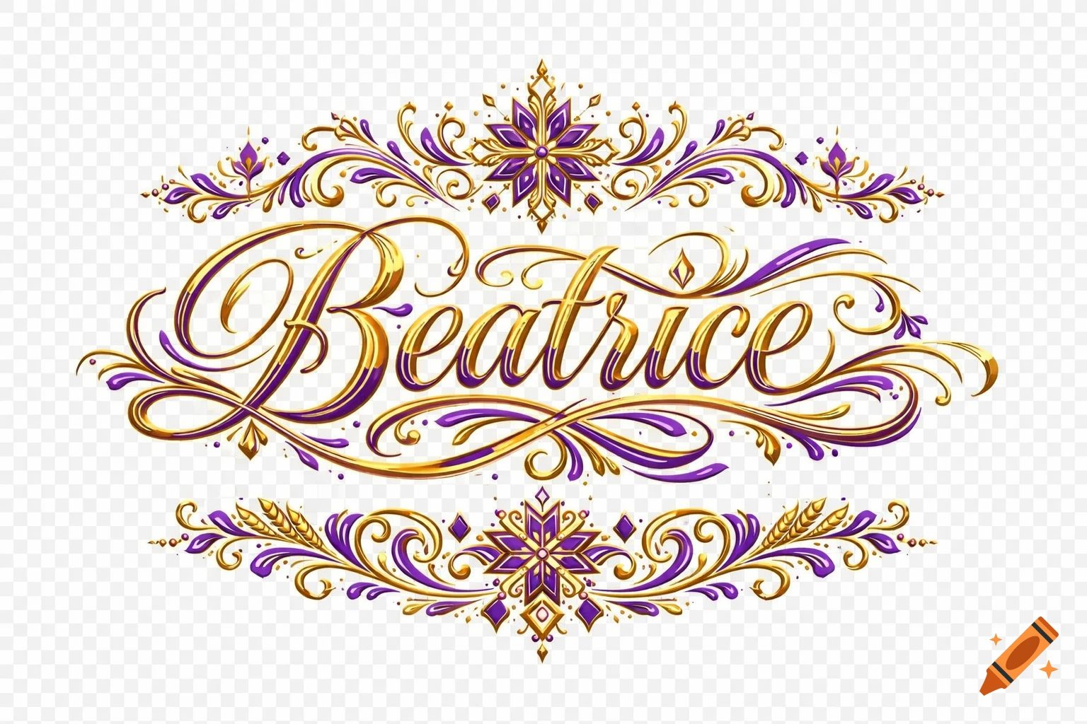 Elegant gold and purple calligraphic lettering spelling "Beatrice" with ornate swirling floral ornaments above and below on a transparent background.
