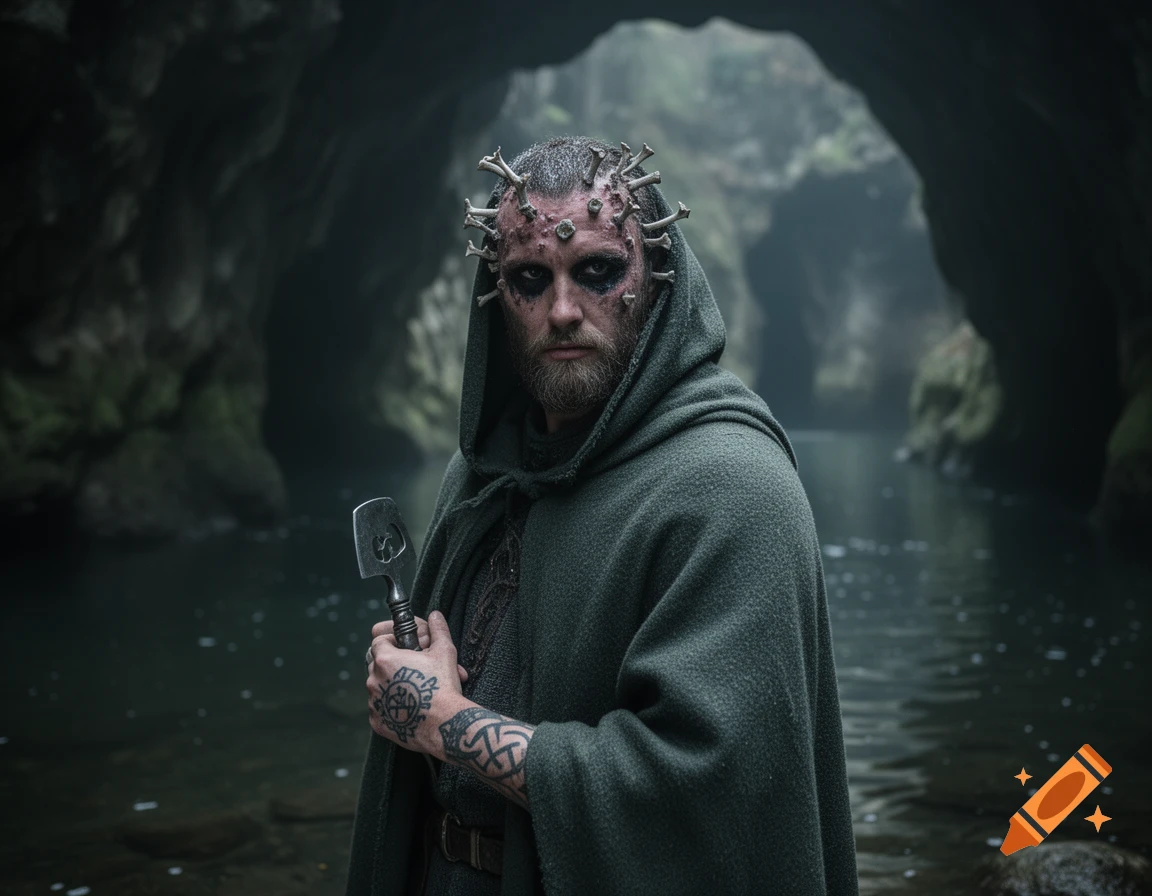 Bearded man with face paint and bone growths on head, wearing a green hooded cloak with pagan tattoos, holding a cleaver in a dark cave.