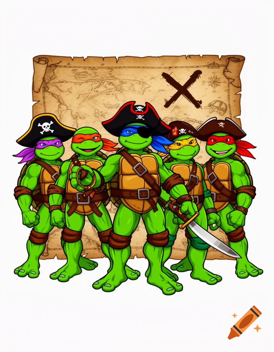 Five Teenage Mutant Ninja Turtles dressed as pirates, standing in front of an antique treasure map marked with a large 'X' in a cartoon style.