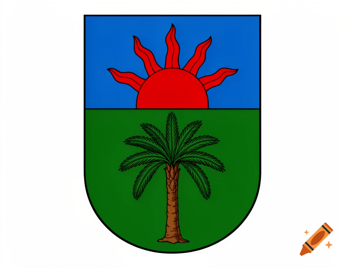 A heraldic coat of arms shield with a red sun on a blue top half and a brown palm tree on a green bottom half.