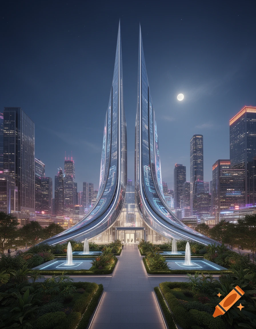 Futuristic twin skyscrapers with curved, illuminated facades in a modern city at night, flanked by fountains and gardens.