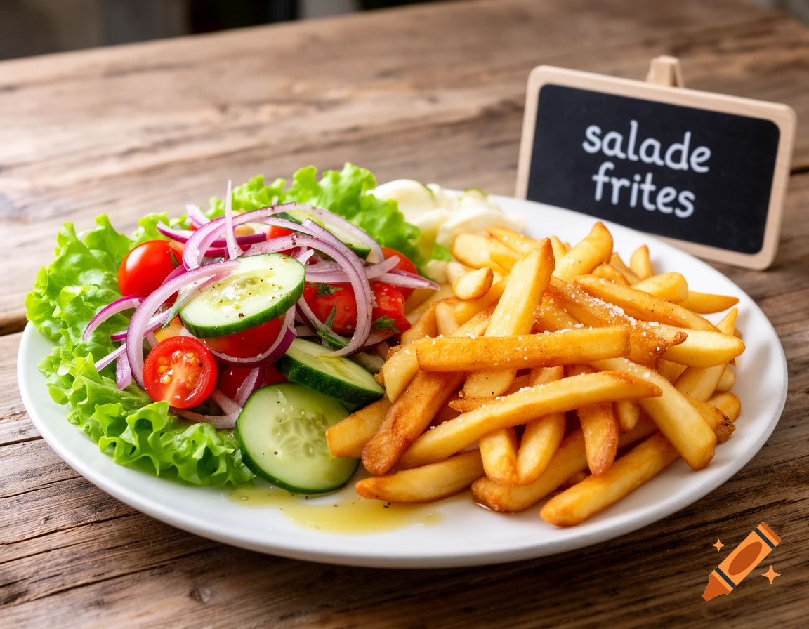 A white plate holds a fresh green salad with tomatoes, cucumber, red onion, and a side of golden french fries on a wooden table. A small chalkboard sign says 'salade frites'.