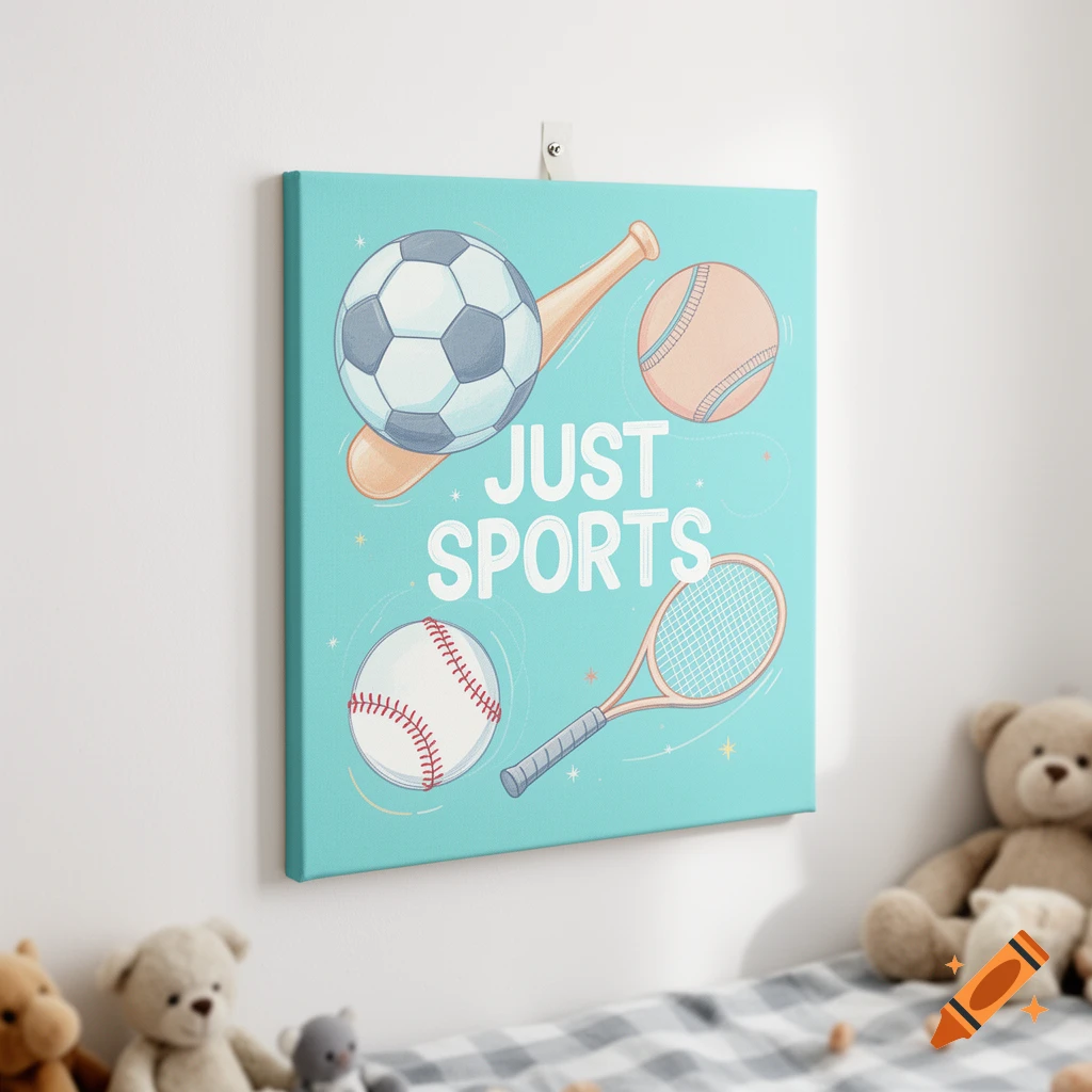A turquoise canvas art print with a soccer ball, baseball bat, baseball, and tennis racket surrounding the text 'JUST SPORTS'.
