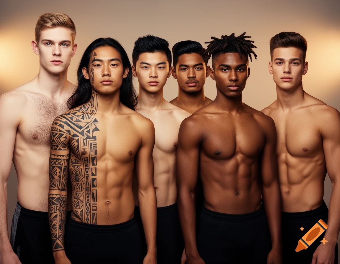 Six diverse young shirtless men, one with tribal tattoos, stand against a warm background in a photorealistic portrait.