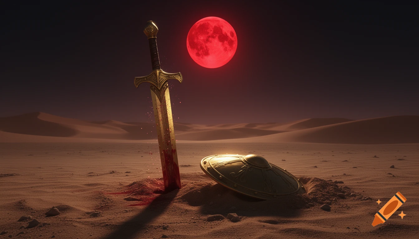 A golden sword with blood at its base stands in desert sand next to a golden shield under a large, glowing red full moon.