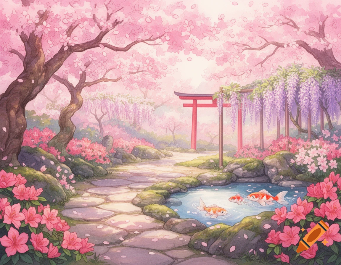 Watercolor painting of a pink Japanese garden with cherry blossoms, purple wisteria, a stone path, a pond with koi, and a red torii gate.