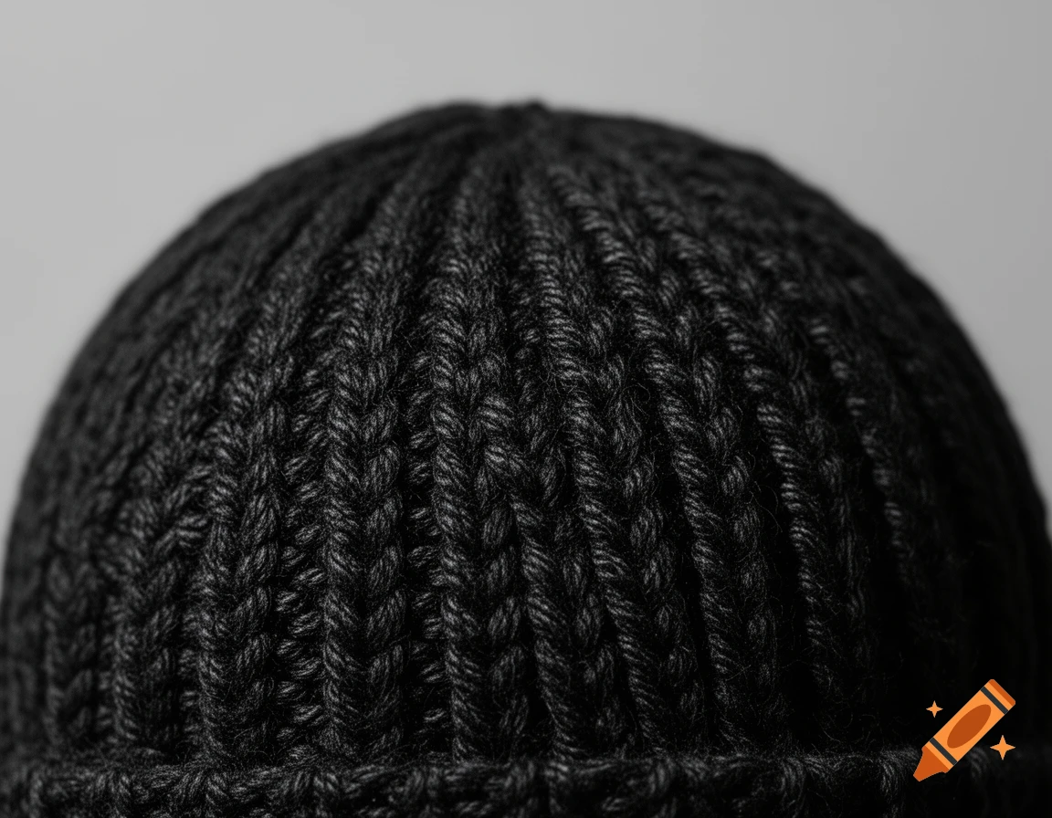Close-up photorealistic shot of the textured knit pattern of a black beanie.