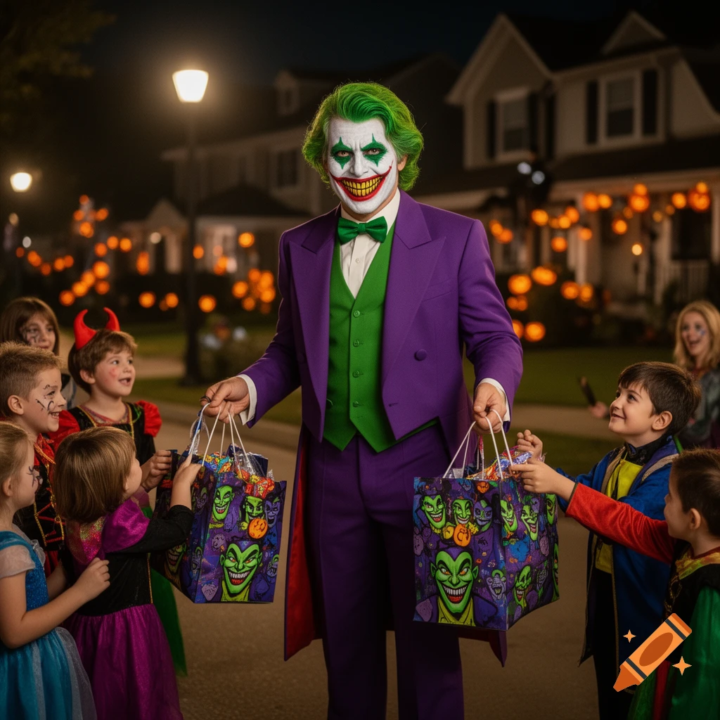 A person dressed as the Joker in a purple suit and green hair gives candy to children in costumes on a Halloween night street, with glowing jack-o'-lanterns in the background.