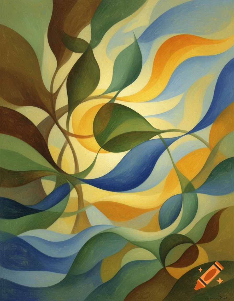 Abstract painting with flowing organic shapes in shades of green, brown ...